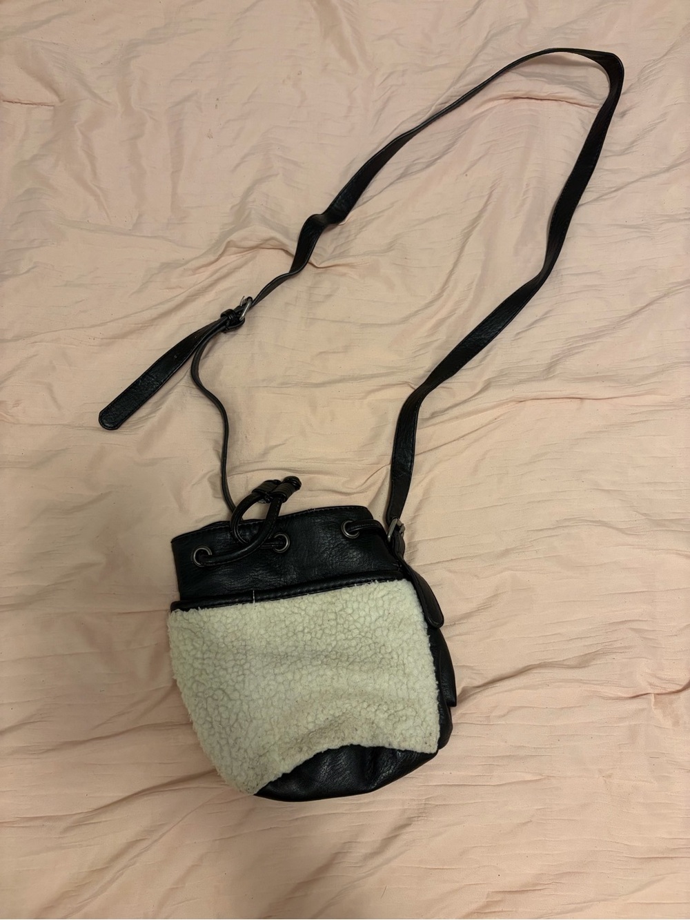 American Eagle Outfitters Black and Cream Faux Shearling Crossbody Bucket Bag